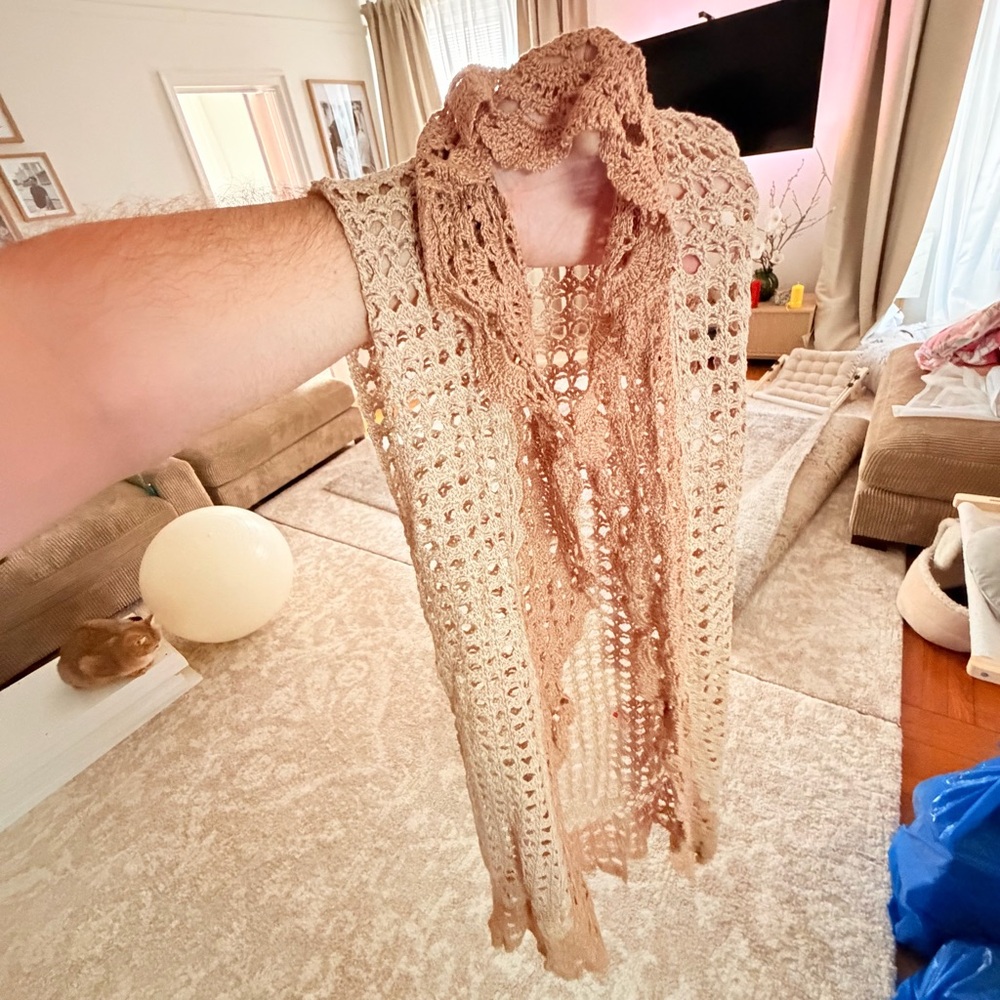 Handmade Cotton Crochet Rectangle Scarf Beige Brown for Women